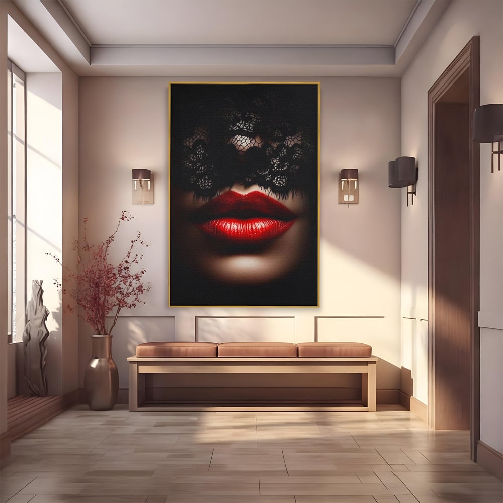 Tablou Canvas Premium, LuxCanva® P1006, Rosu sub Dantela, Dantela, Negru, Seductie, Ruj, Rosu, Masca, Erotism, Eleganta, Fashion, Dramatic, Sarut, Mister, Tacere, Living, Dormitor