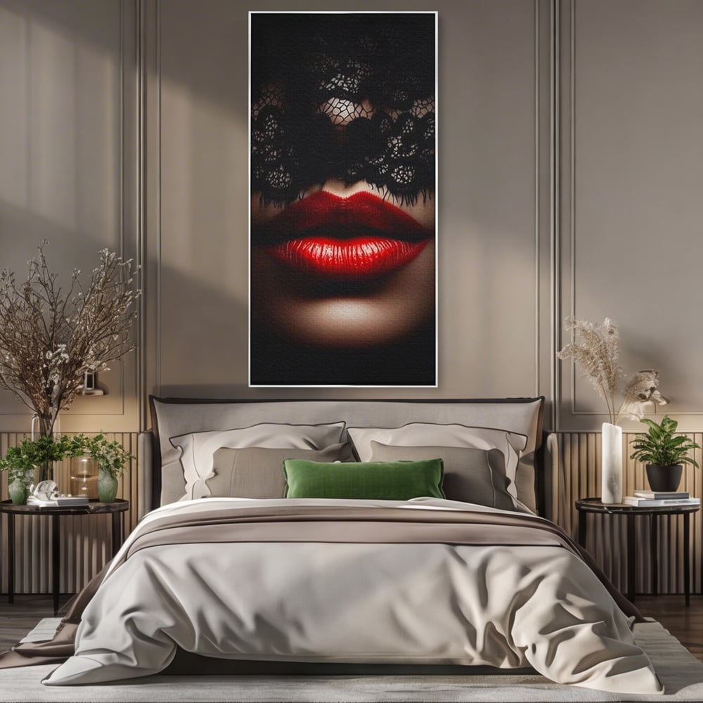 Tablou Canvas Premium, LuxCanva® P1006, Rosu sub Dantela, Dantela, Negru, Seductie, Ruj, Rosu, Masca, Erotism, Eleganta, Fashion, Dramatic, Sarut, Mister, Tacere, Living, Dormitor