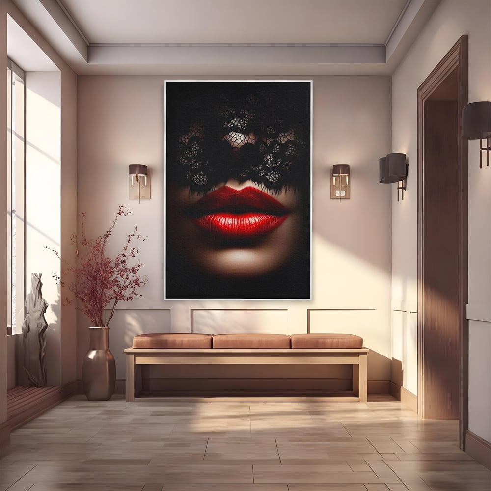 Tablou Canvas Premium, LuxCanva® P1006, Rosu sub Dantela, Dantela, Negru, Seductie, Ruj, Rosu, Masca, Erotism, Eleganta, Fashion, Dramatic, Sarut, Mister, Tacere, Living, Dormitor