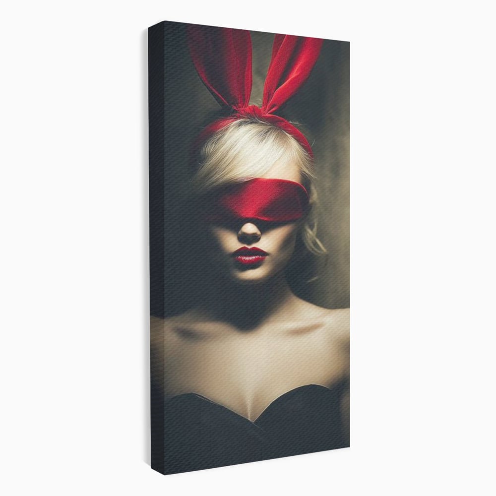 Tablou Canvas Premium, LuxCanva® P1007, Femininul Interzis, Panglica, Rosu, Playboy, Iepuras, Masca, Urechi, Catifea, Obscur, Intuneric, Dorinta, Seductie, Sexy, Living, Dormitor