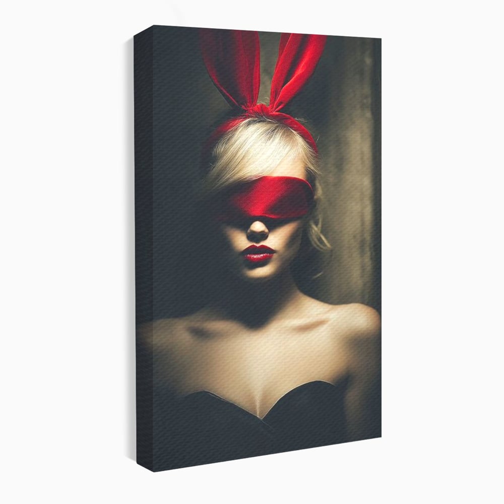 Tablou Canvas Premium, LuxCanva® P1007, Femininul Interzis, Panglica, Rosu, Playboy, Iepuras, Masca, Urechi, Catifea, Obscur, Intuneric, Dorinta, Seductie, Sexy, Living, Dormitor