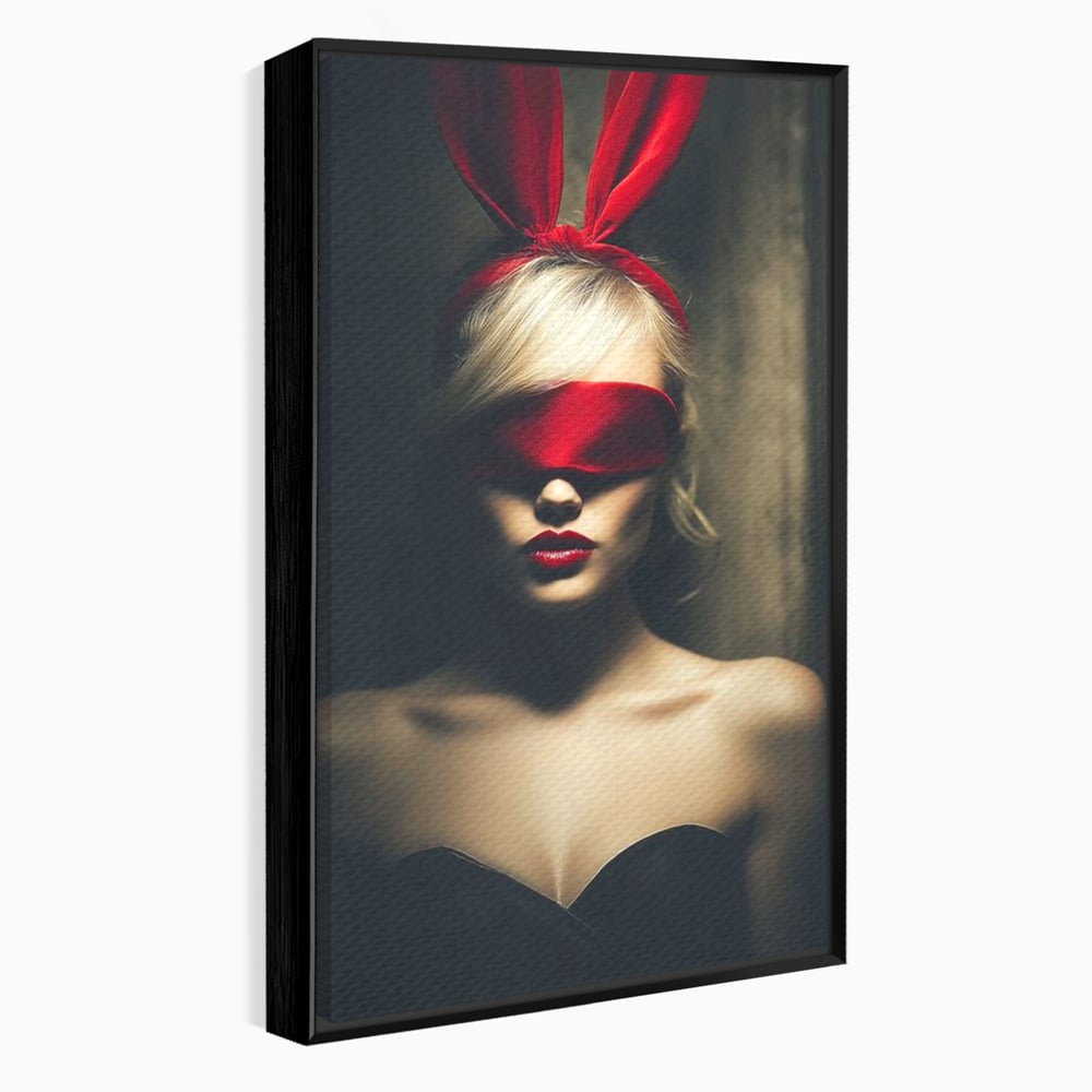 Tablou Canvas Premium, LuxCanva® P1007, Femininul Interzis, Panglica, Rosu, Playboy, Iepuras, Masca, Urechi, Catifea, Obscur, Intuneric, Dorinta, Seductie, Sexy, Living, Dormitor