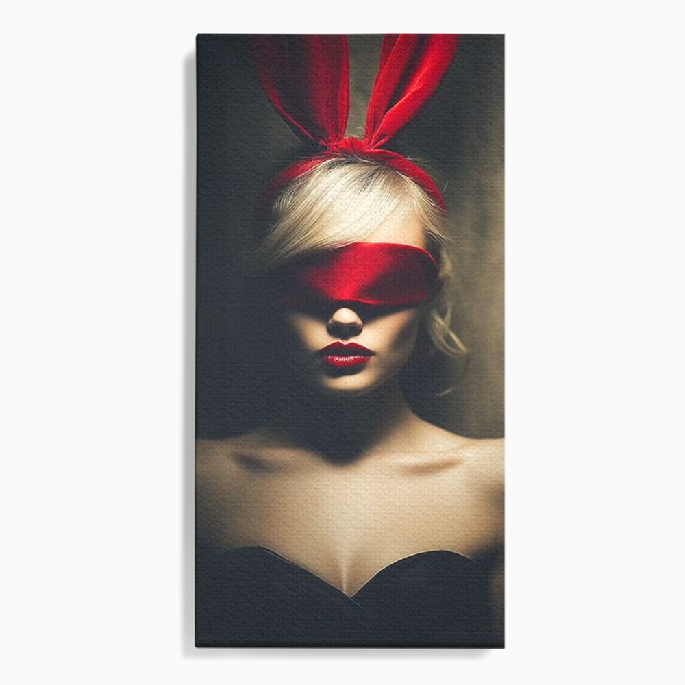 Tablou Canvas Premium, LuxCanva® P1007, Femininul Interzis, Panglica, Rosu, Playboy, Iepuras, Masca, Urechi, Catifea, Obscur, Intuneric, Dorinta, Seductie, Sexy, Living, Dormitor