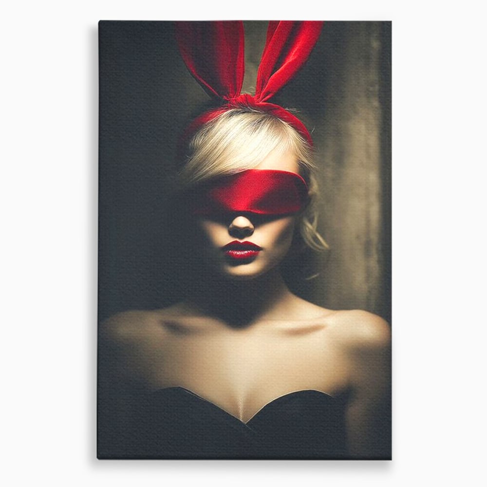 Tablou Canvas Premium, LuxCanva® P1007, Femininul Interzis, Panglica, Rosu, Playboy, Iepuras, Masca, Urechi, Catifea, Obscur, Intuneric, Dorinta, Seductie, Sexy, Living, Dormitor