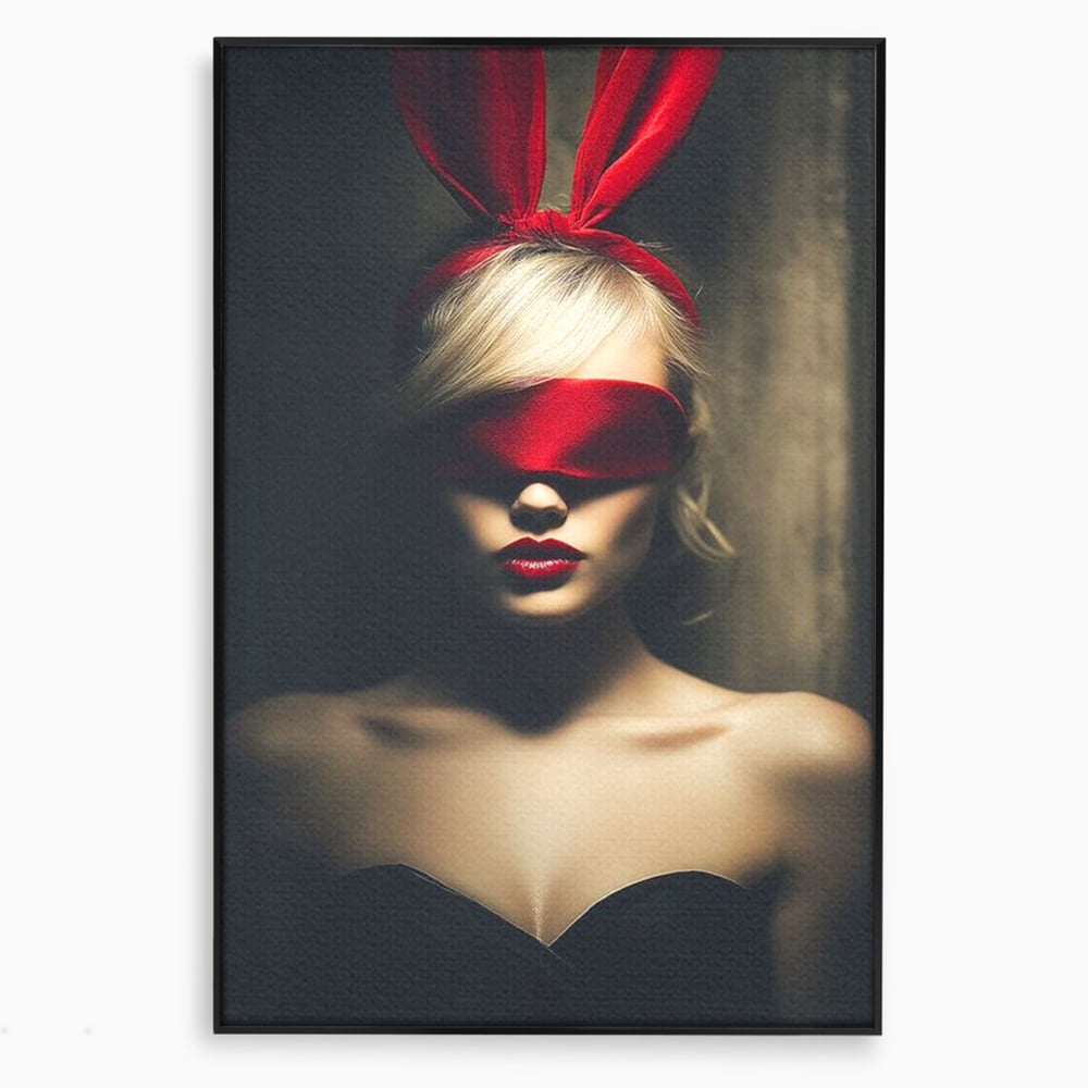 Tablou Canvas Premium, LuxCanva® P1007, Femininul Interzis, Panglica, Rosu, Playboy, Iepuras, Masca, Urechi, Catifea, Obscur, Intuneric, Dorinta, Seductie, Sexy, Living, Dormitor
