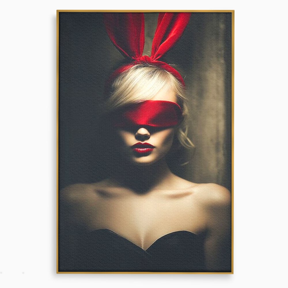 Tablou Canvas Premium, LuxCanva® P1007, Femininul Interzis, Panglica, Rosu, Playboy, Iepuras, Masca, Urechi, Catifea, Obscur, Intuneric, Dorinta, Seductie, Sexy, Living, Dormitor