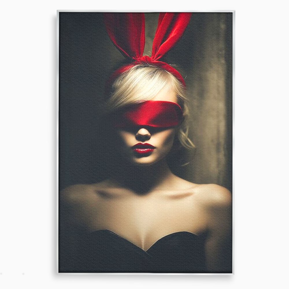 Tablou Canvas Premium, LuxCanva® P1007, Femininul Interzis, Panglica, Rosu, Playboy, Iepuras, Masca, Urechi, Catifea, Obscur, Intuneric, Dorinta, Seductie, Sexy, Living, Dormitor