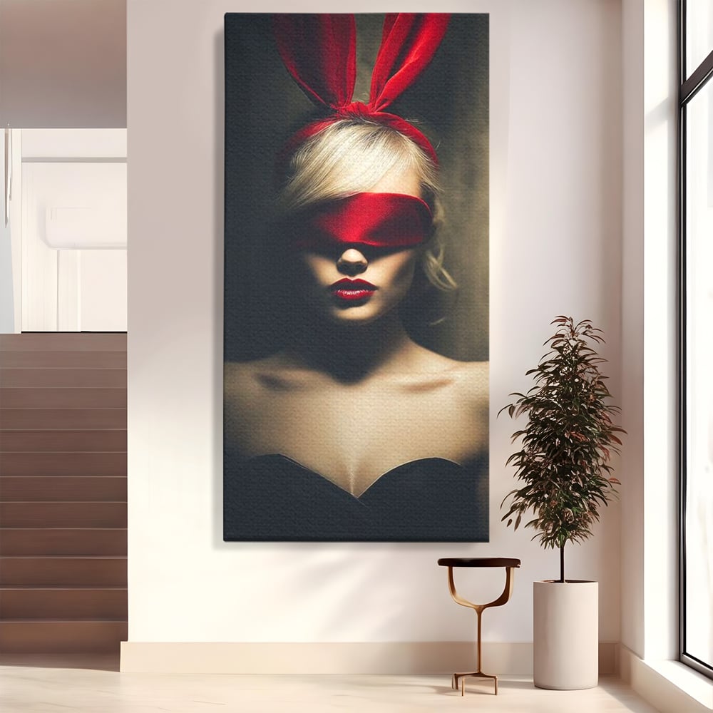 Tablou Canvas Premium, LuxCanva® P1007, Femininul Interzis, Panglica, Rosu, Playboy, Iepuras, Masca, Urechi, Catifea, Obscur, Intuneric, Dorinta, Seductie, Sexy, Living, Dormitor