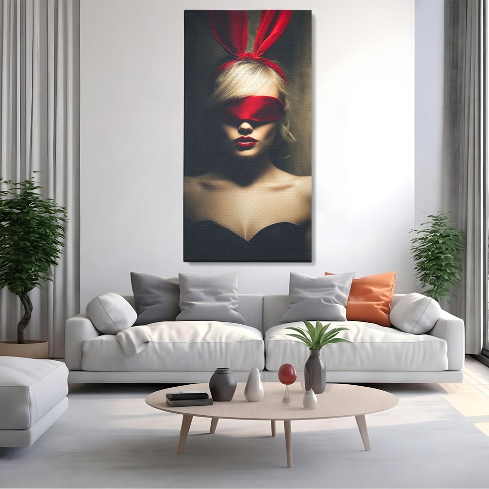 Tablou Canvas Premium, LuxCanva® P1007, Femininul Interzis, Panglica, Rosu, Playboy, Iepuras, Masca, Urechi, Catifea, Obscur, Intuneric, Dorinta, Seductie, Sexy, Living, Dormitor