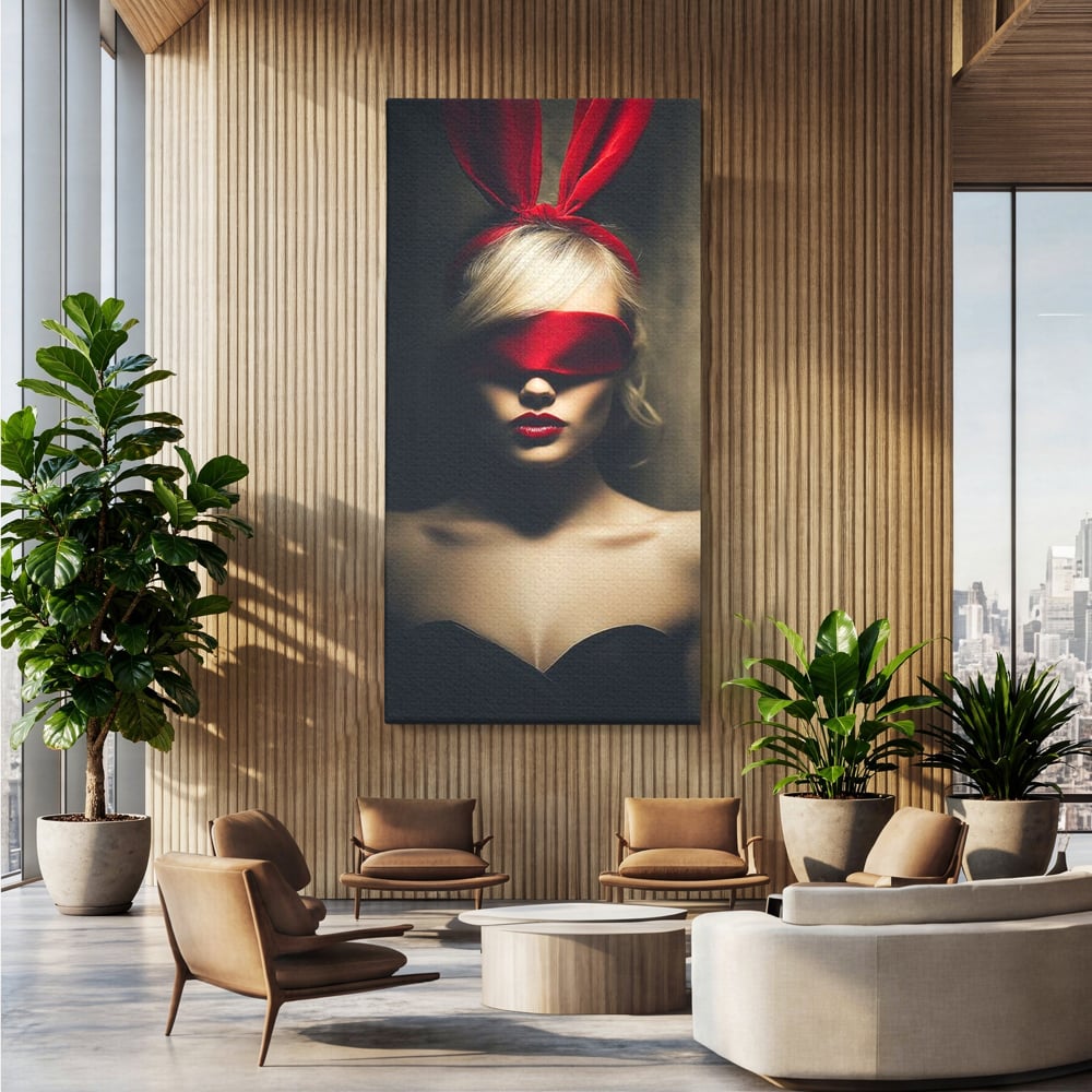Tablou Canvas Premium, LuxCanva® P1007, Femininul Interzis, Panglica, Rosu, Playboy, Iepuras, Masca, Urechi, Catifea, Obscur, Intuneric, Dorinta, Seductie, Sexy, Living, Dormitor