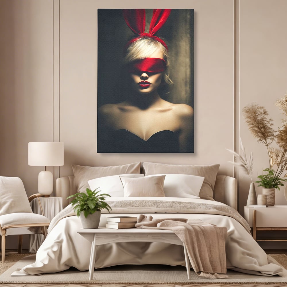 Tablou Canvas Premium, LuxCanva® P1007, Femininul Interzis, Panglica, Rosu, Playboy, Iepuras, Masca, Urechi, Catifea, Obscur, Intuneric, Dorinta, Seductie, Sexy, Living, Dormitor