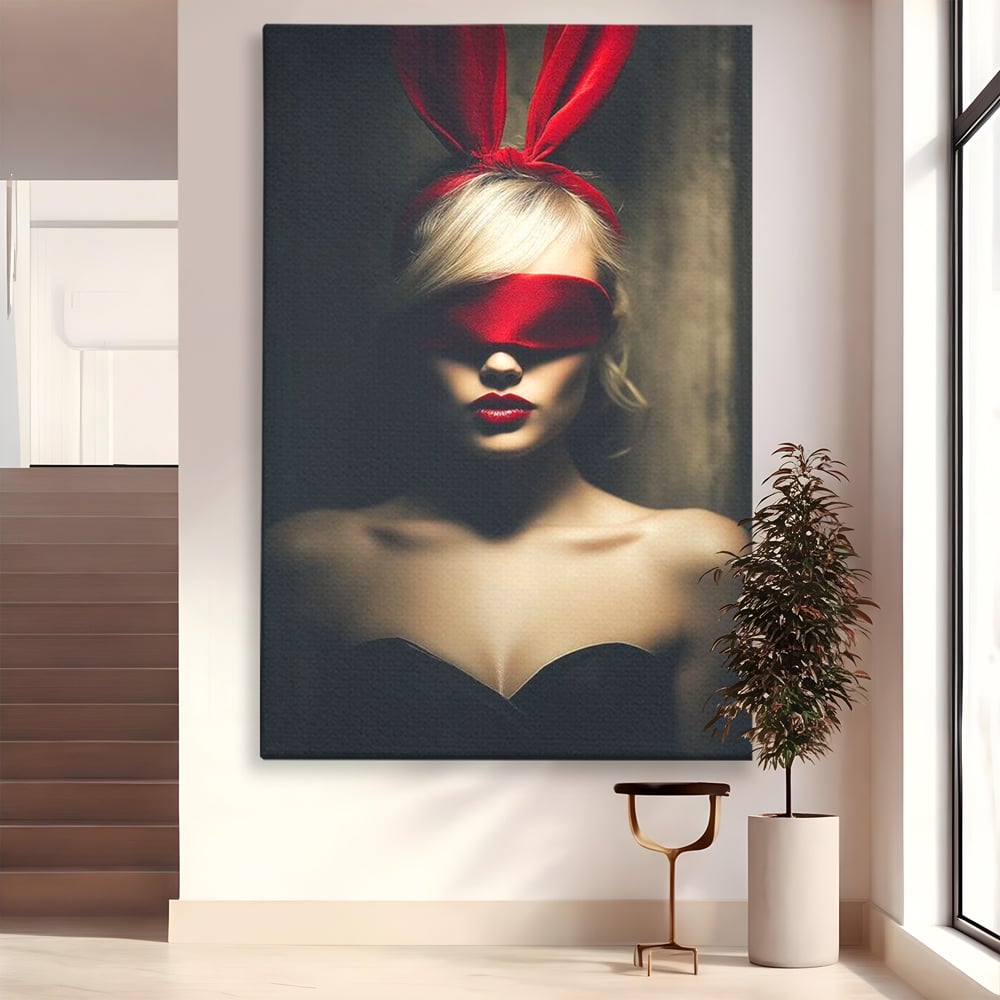 Tablou Canvas Premium, LuxCanva® P1007, Femininul Interzis, Panglica, Rosu, Playboy, Iepuras, Masca, Urechi, Catifea, Obscur, Intuneric, Dorinta, Seductie, Sexy, Living, Dormitor