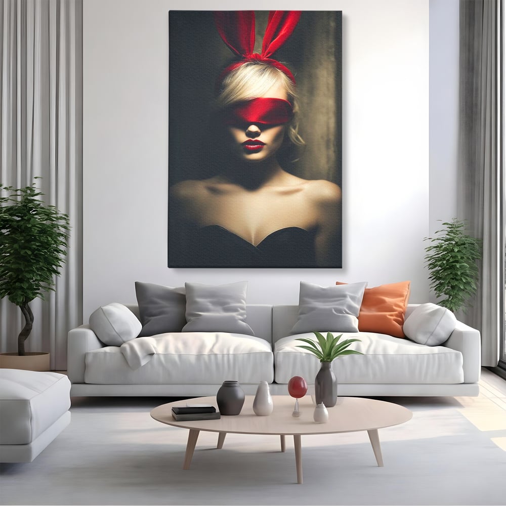 Tablou Canvas Premium, LuxCanva® P1007, Femininul Interzis, Panglica, Rosu, Playboy, Iepuras, Masca, Urechi, Catifea, Obscur, Intuneric, Dorinta, Seductie, Sexy, Living, Dormitor