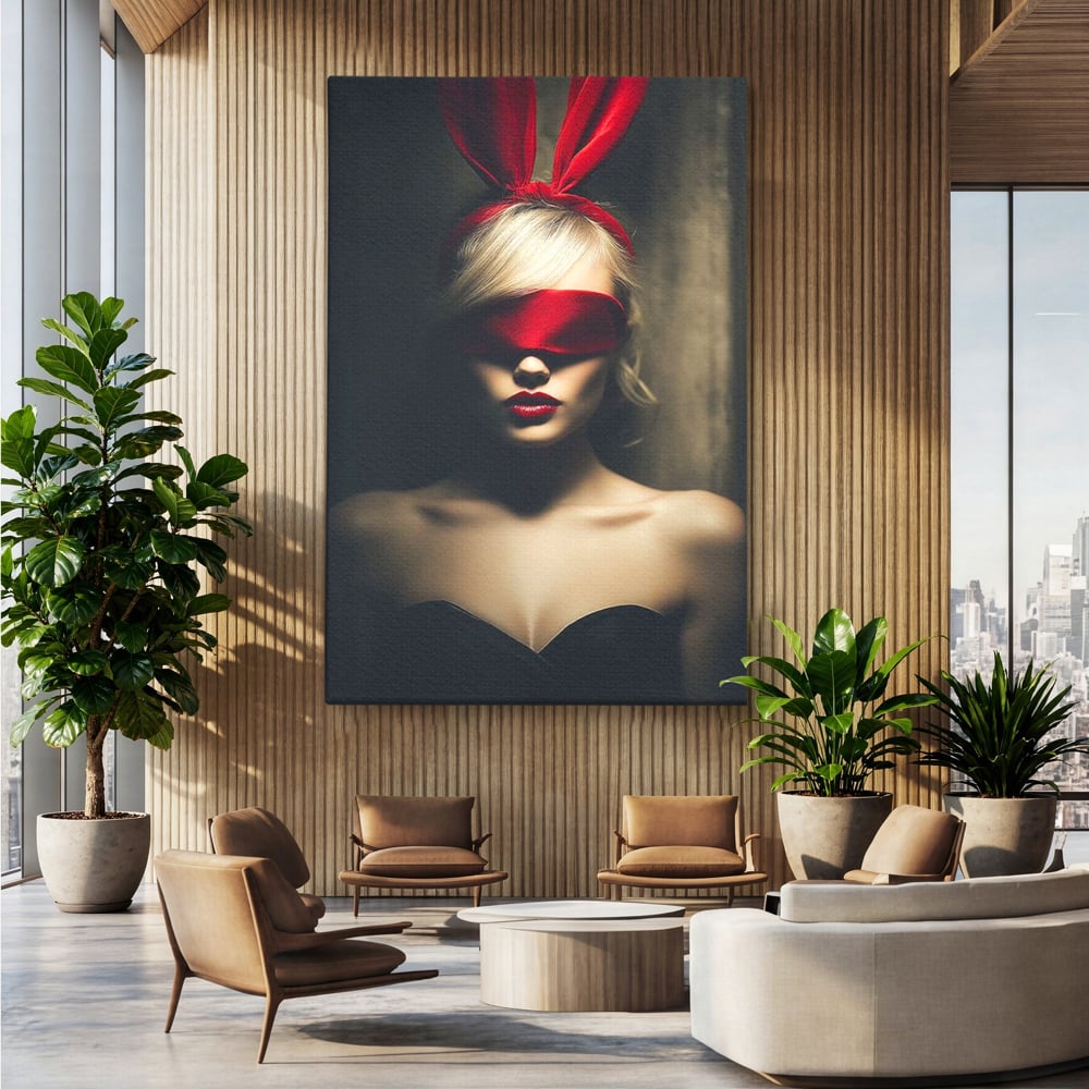 Tablou Canvas Premium, LuxCanva® P1007, Femininul Interzis, Panglica, Rosu, Playboy, Iepuras, Masca, Urechi, Catifea, Obscur, Intuneric, Dorinta, Seductie, Sexy, Living, Dormitor