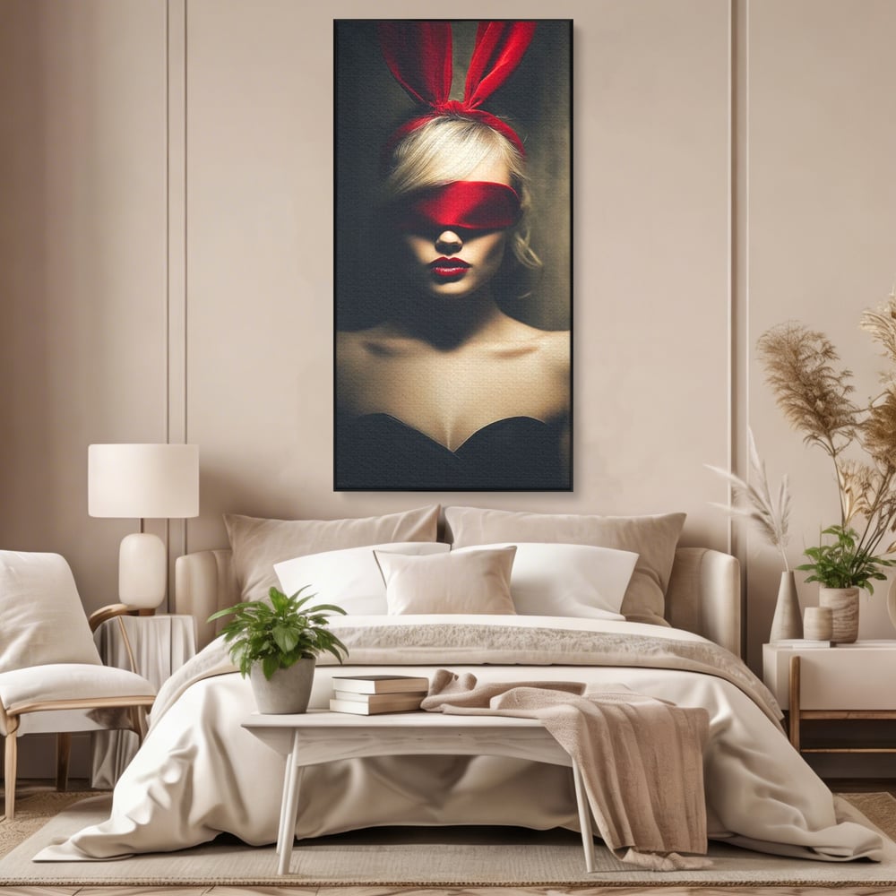 Tablou Canvas Premium, LuxCanva® P1007, Femininul Interzis, Panglica, Rosu, Playboy, Iepuras, Masca, Urechi, Catifea, Obscur, Intuneric, Dorinta, Seductie, Sexy, Living, Dormitor