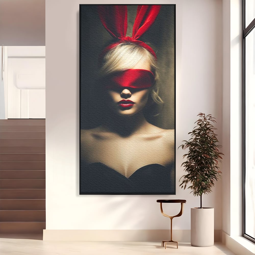 Tablou Canvas Premium, LuxCanva® P1007, Femininul Interzis, Panglica, Rosu, Playboy, Iepuras, Masca, Urechi, Catifea, Obscur, Intuneric, Dorinta, Seductie, Sexy, Living, Dormitor