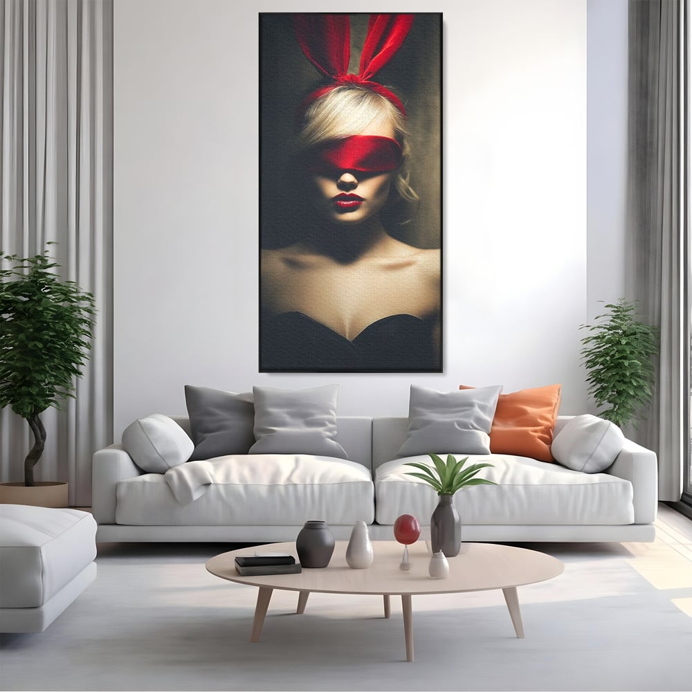 Tablou Canvas Premium, LuxCanva® P1007, Femininul Interzis, Panglica, Rosu, Playboy, Iepuras, Masca, Urechi, Catifea, Obscur, Intuneric, Dorinta, Seductie, Sexy, Living, Dormitor