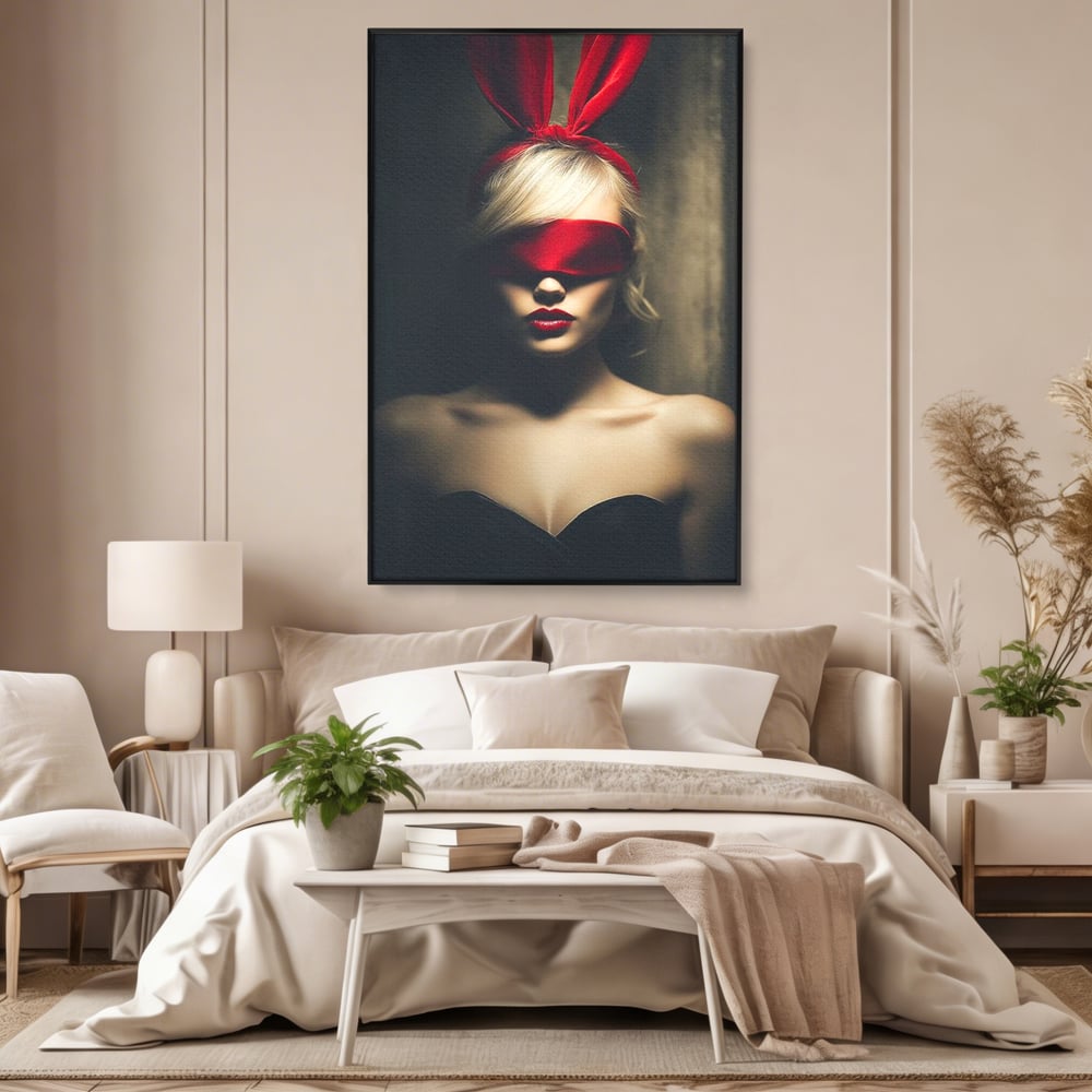 Tablou Canvas Premium, LuxCanva® P1007, Femininul Interzis, Panglica, Rosu, Playboy, Iepuras, Masca, Urechi, Catifea, Obscur, Intuneric, Dorinta, Seductie, Sexy, Living, Dormitor
