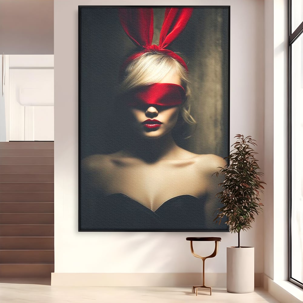 Tablou Canvas Premium, LuxCanva® P1007, Femininul Interzis, Panglica, Rosu, Playboy, Iepuras, Masca, Urechi, Catifea, Obscur, Intuneric, Dorinta, Seductie, Sexy, Living, Dormitor