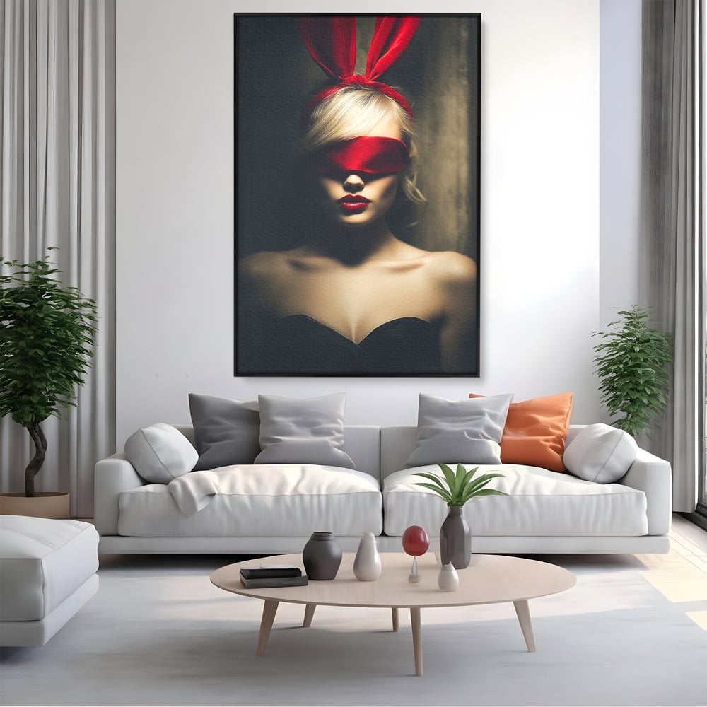 Tablou Canvas Premium, LuxCanva® P1007, Femininul Interzis, Panglica, Rosu, Playboy, Iepuras, Masca, Urechi, Catifea, Obscur, Intuneric, Dorinta, Seductie, Sexy, Living, Dormitor