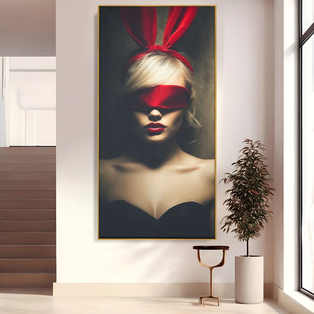 Tablou Canvas Premium, LuxCanva® P1007, Femininul Interzis, Panglica, Rosu, Playboy, Iepuras, Masca, Urechi, Catifea, Obscur, Intuneric, Dorinta, Seductie, Sexy, Living, Dormitor