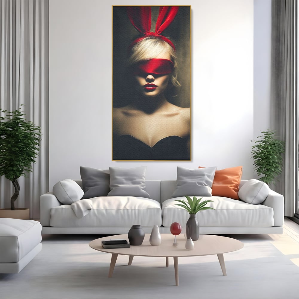 Tablou Canvas Premium, LuxCanva® P1007, Femininul Interzis, Panglica, Rosu, Playboy, Iepuras, Masca, Urechi, Catifea, Obscur, Intuneric, Dorinta, Seductie, Sexy, Living, Dormitor