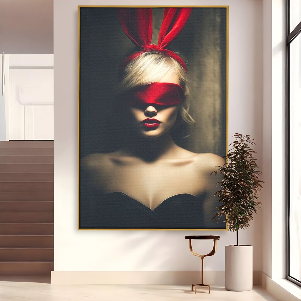 Tablou Canvas Premium, LuxCanva® P1007, Femininul Interzis, Panglica, Rosu, Playboy, Iepuras, Masca, Urechi, Catifea, Obscur, Intuneric, Dorinta, Seductie, Sexy, Living, Dormitor