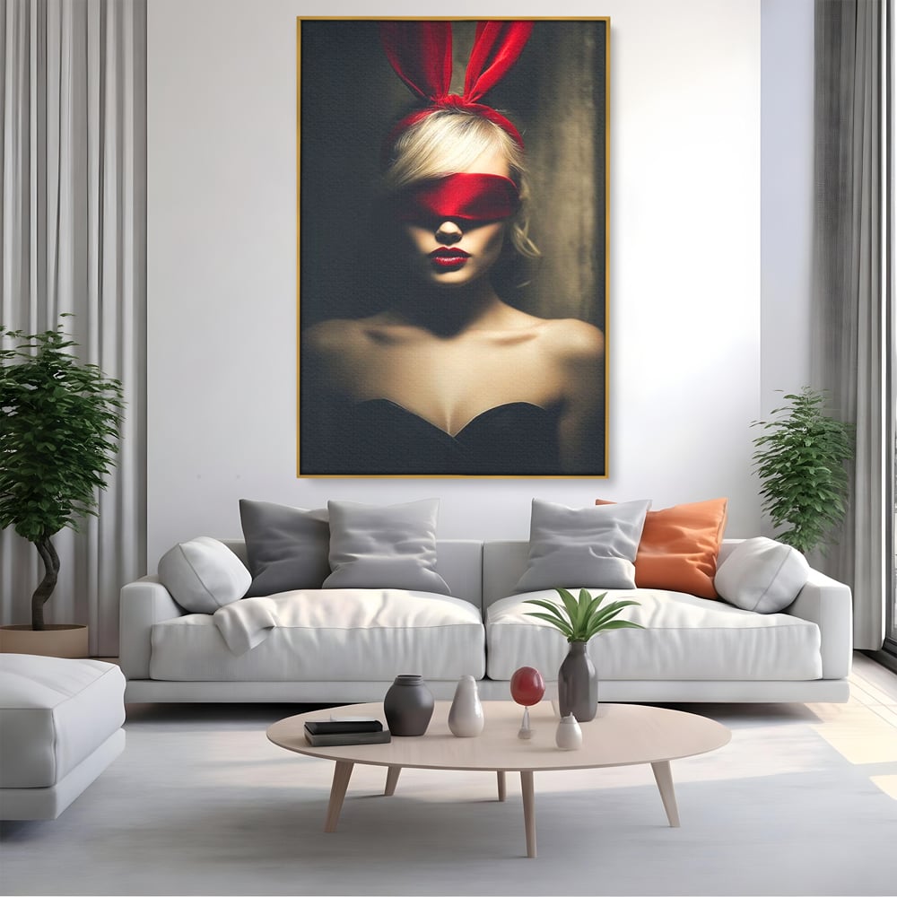 Tablou Canvas Premium, LuxCanva® P1007, Femininul Interzis, Panglica, Rosu, Playboy, Iepuras, Masca, Urechi, Catifea, Obscur, Intuneric, Dorinta, Seductie, Sexy, Living, Dormitor