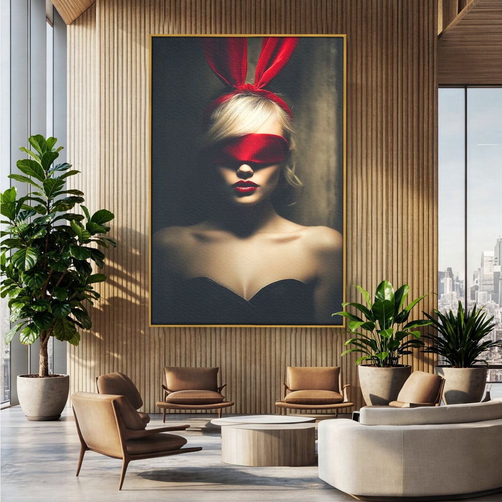Tablou Canvas Premium, LuxCanva® P1007, Femininul Interzis, Panglica, Rosu, Playboy, Iepuras, Masca, Urechi, Catifea, Obscur, Intuneric, Dorinta, Seductie, Sexy, Living, Dormitor