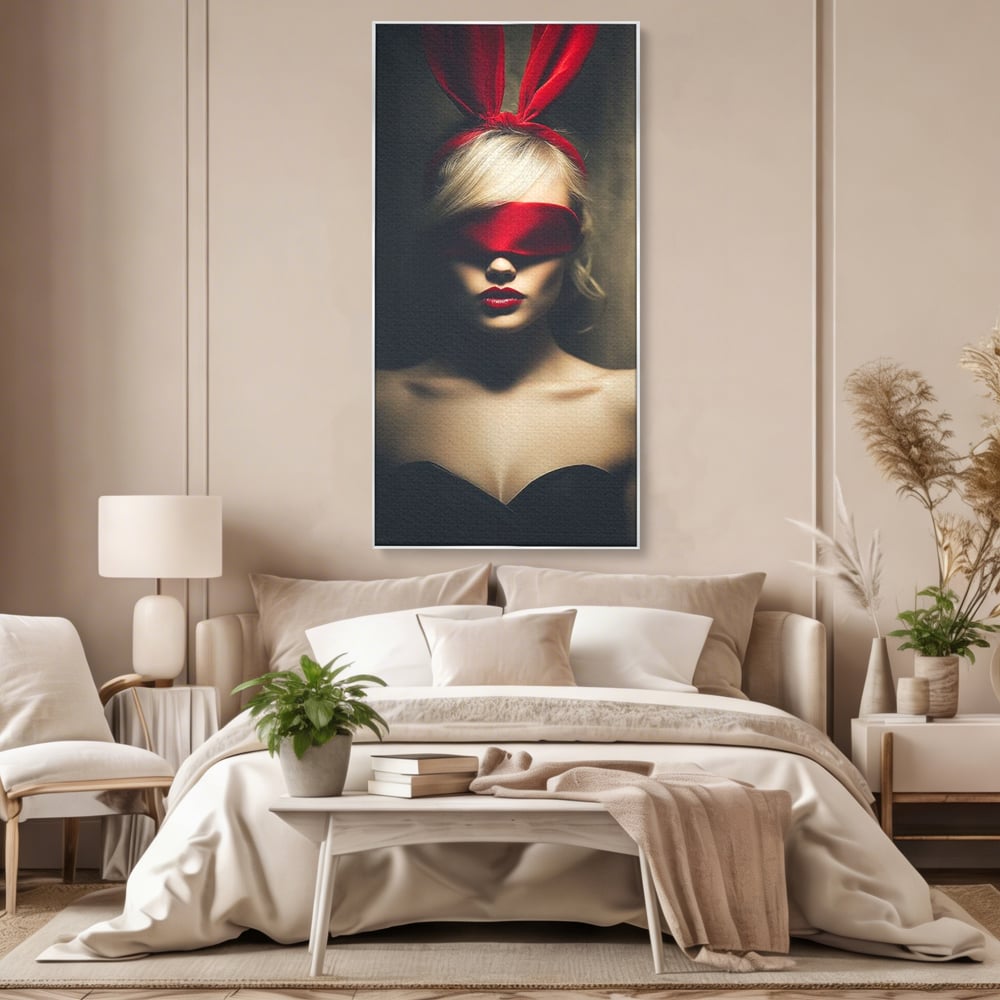 Tablou Canvas Premium, LuxCanva® P1007, Femininul Interzis, Panglica, Rosu, Playboy, Iepuras, Masca, Urechi, Catifea, Obscur, Intuneric, Dorinta, Seductie, Sexy, Living, Dormitor