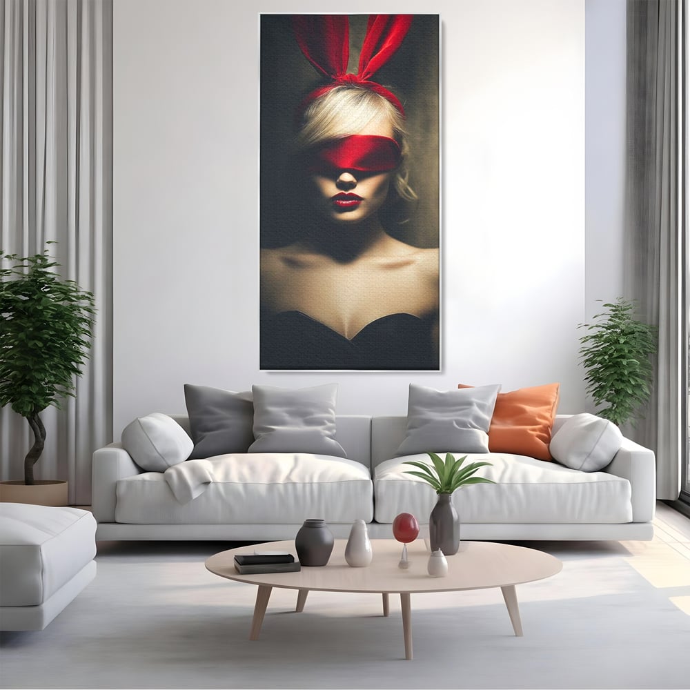 Tablou Canvas Premium, LuxCanva® P1007, Femininul Interzis, Panglica, Rosu, Playboy, Iepuras, Masca, Urechi, Catifea, Obscur, Intuneric, Dorinta, Seductie, Sexy, Living, Dormitor