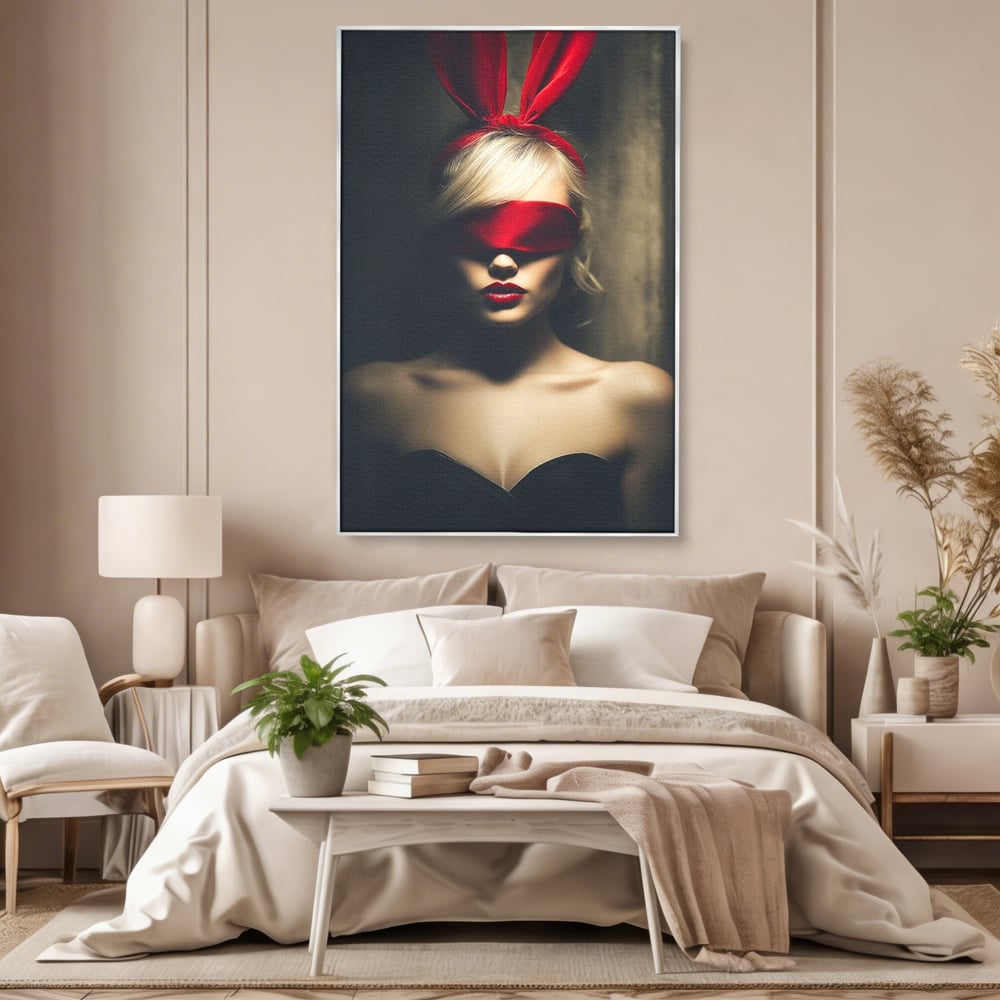 Tablou Canvas Premium, LuxCanva® P1007, Femininul Interzis, Panglica, Rosu, Playboy, Iepuras, Masca, Urechi, Catifea, Obscur, Intuneric, Dorinta, Seductie, Sexy, Living, Dormitor