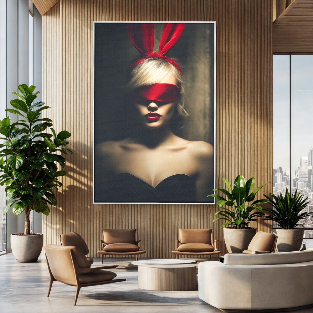 Tablou Canvas Premium, LuxCanva® P1007, Femininul Interzis, Panglica, Rosu, Playboy, Iepuras, Masca, Urechi, Catifea, Obscur, Intuneric, Dorinta, Seductie, Sexy, Living, Dormitor