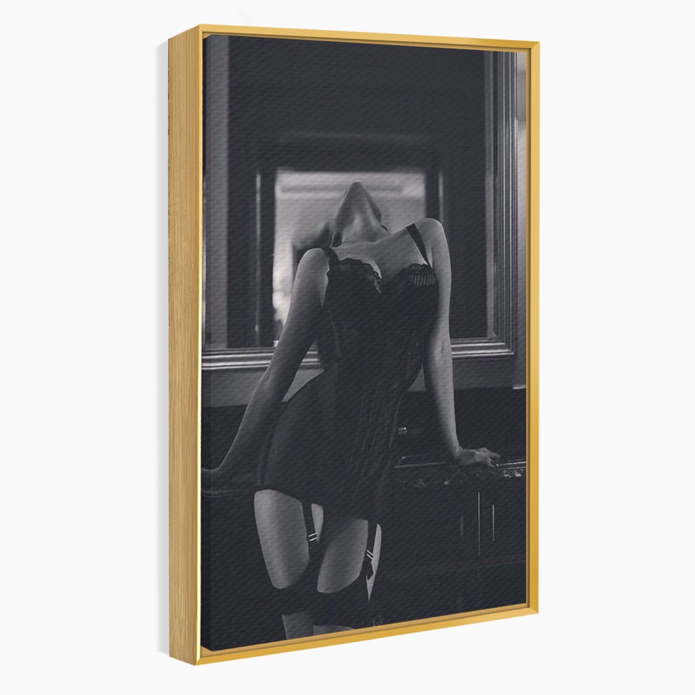 Tablou Canvas Premium, LuxCanva® P1008, Sub Lumina Difuza, Interzis, Sexy, Femeie, Trup, Pasiune, Dorinta, Silueta, Umbre, Negru, Boudoir, Oglinda, Senzual, Living, Dormitor