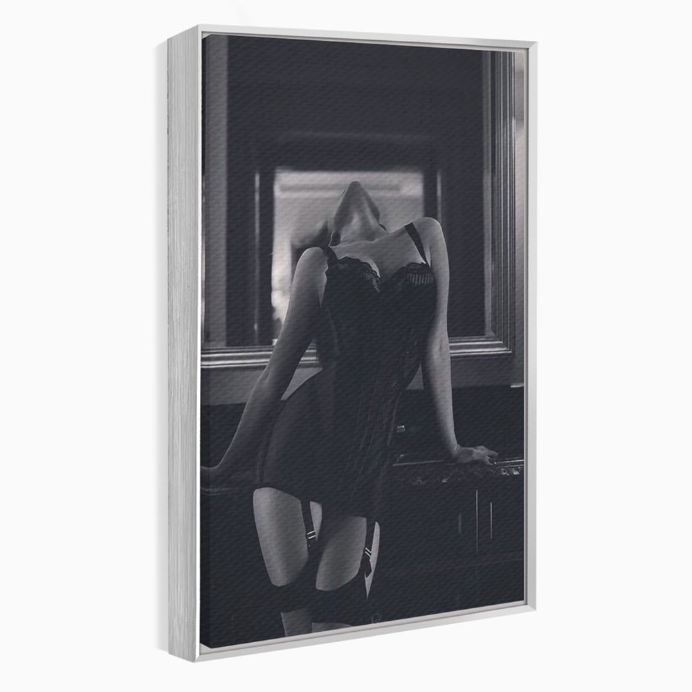 Tablou Canvas Premium, LuxCanva® P1008, Sub Lumina Difuza, Interzis, Sexy, Femeie, Trup, Pasiune, Dorinta, Silueta, Umbre, Negru, Boudoir, Oglinda, Senzual, Living, Dormitor