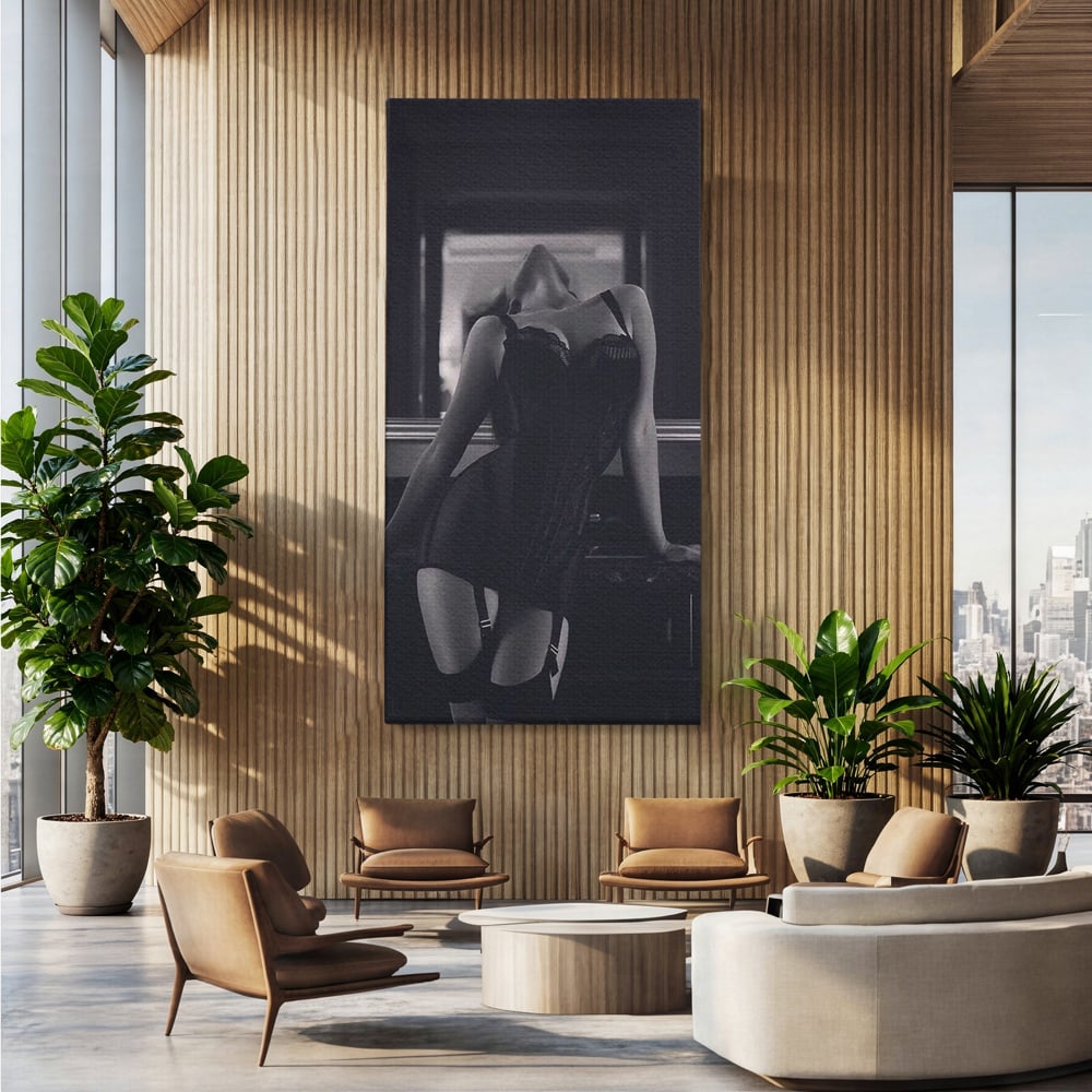 Tablou Canvas Premium, LuxCanva® P1008, Sub Lumina Difuza, Interzis, Sexy, Femeie, Trup, Pasiune, Dorinta, Silueta, Umbre, Negru, Boudoir, Oglinda, Senzual, Living, Dormitor