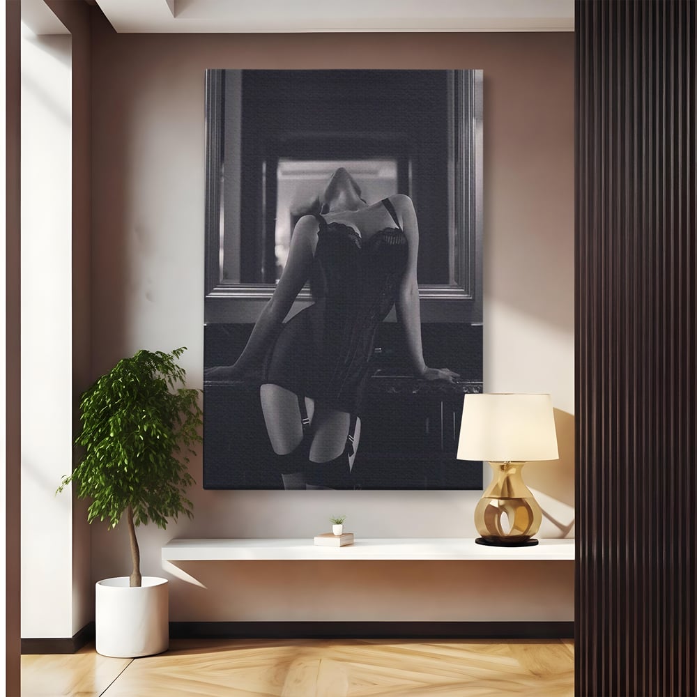 Tablou Canvas Premium, LuxCanva® P1008, Sub Lumina Difuza, Interzis, Sexy, Femeie, Trup, Pasiune, Dorinta, Silueta, Umbre, Negru, Boudoir, Oglinda, Senzual, Living, Dormitor