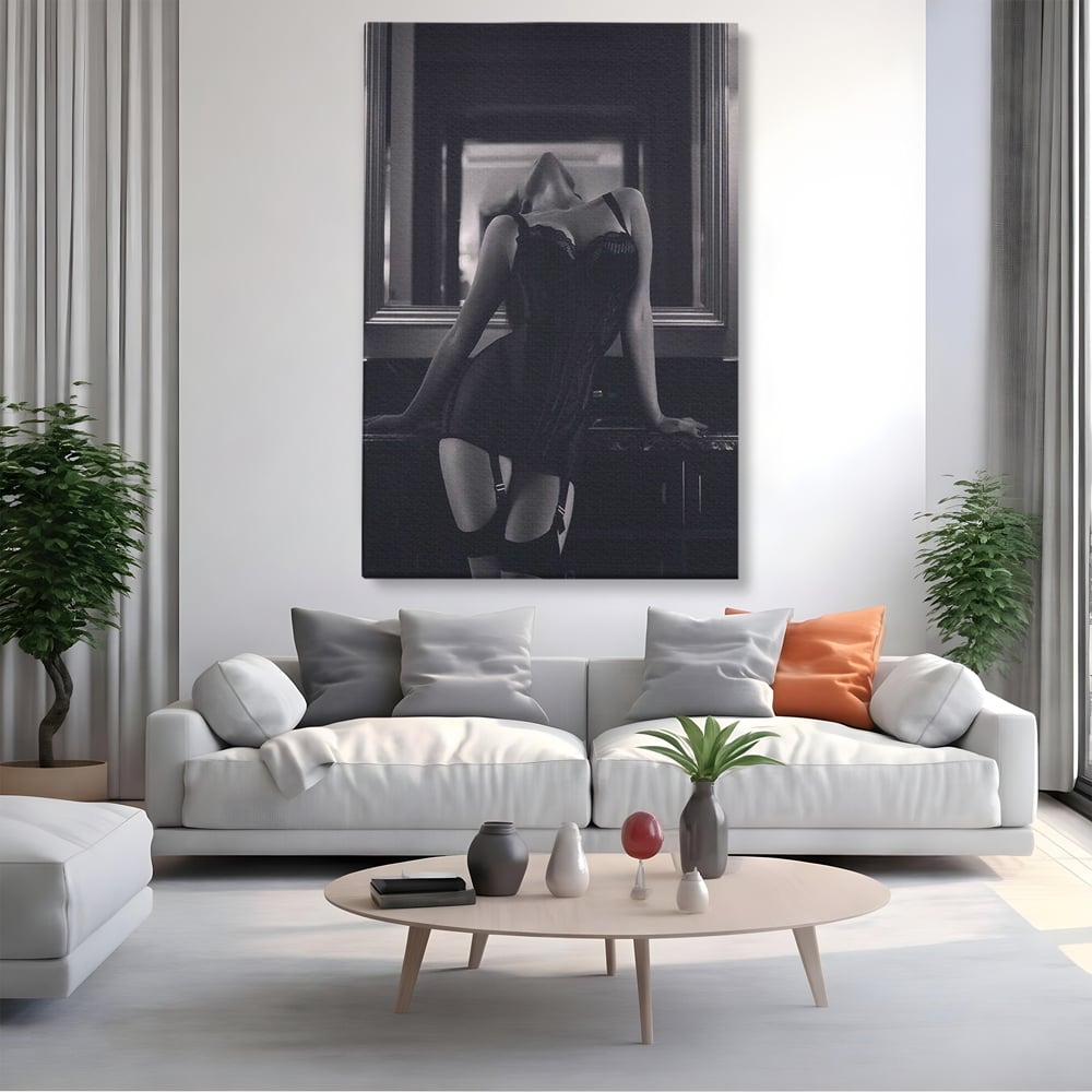 Tablou Canvas Premium, LuxCanva® P1008, Sub Lumina Difuza, Interzis, Sexy, Femeie, Trup, Pasiune, Dorinta, Silueta, Umbre, Negru, Boudoir, Oglinda, Senzual, Living, Dormitor