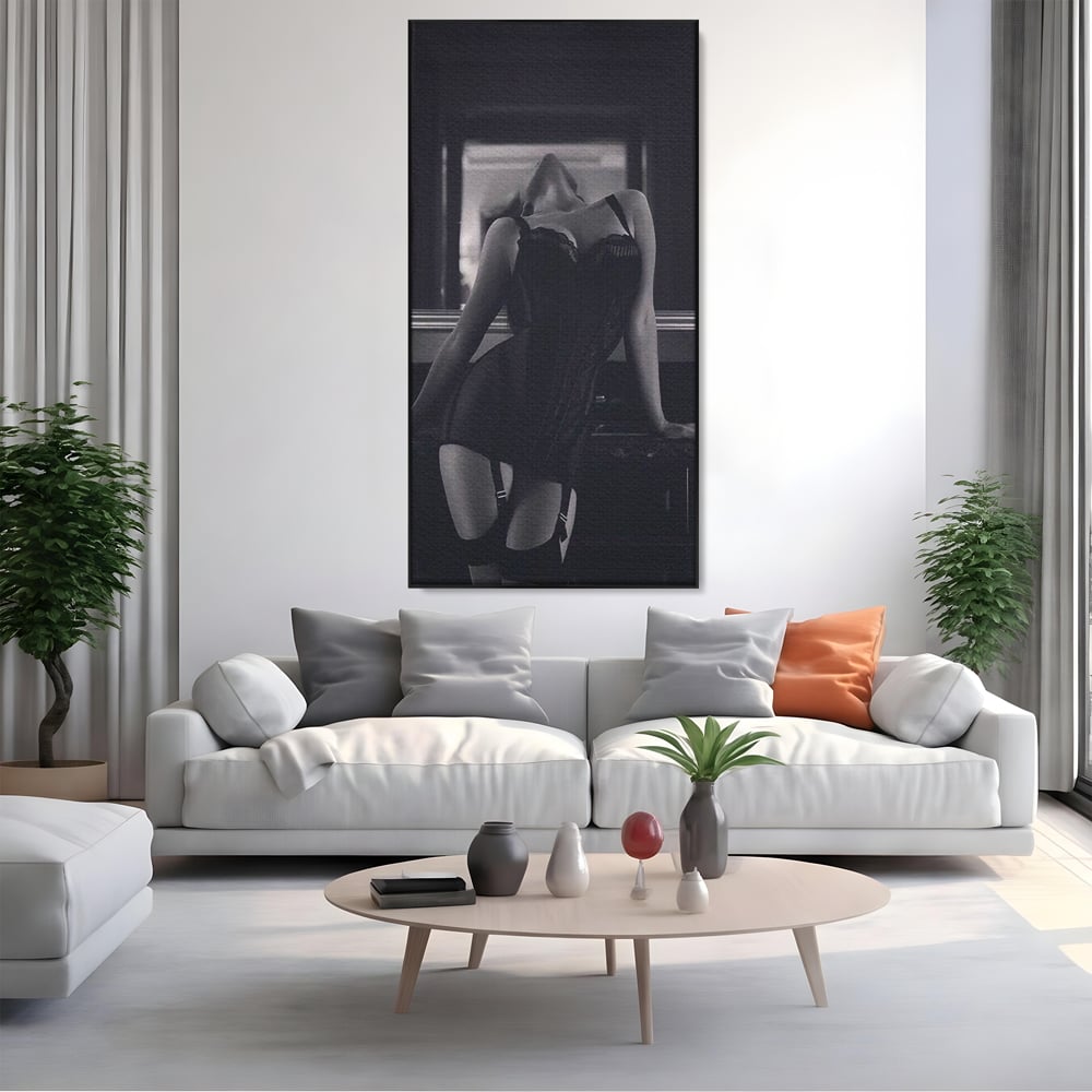 Tablou Canvas Premium, LuxCanva® P1008, Sub Lumina Difuza, Interzis, Sexy, Femeie, Trup, Pasiune, Dorinta, Silueta, Umbre, Negru, Boudoir, Oglinda, Senzual, Living, Dormitor