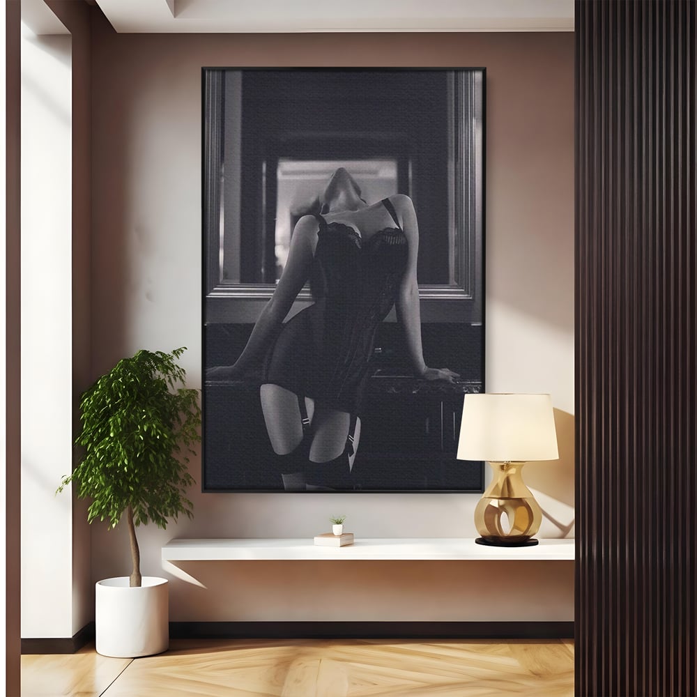 Tablou Canvas Premium, LuxCanva® P1008, Sub Lumina Difuza, Interzis, Sexy, Femeie, Trup, Pasiune, Dorinta, Silueta, Umbre, Negru, Boudoir, Oglinda, Senzual, Living, Dormitor