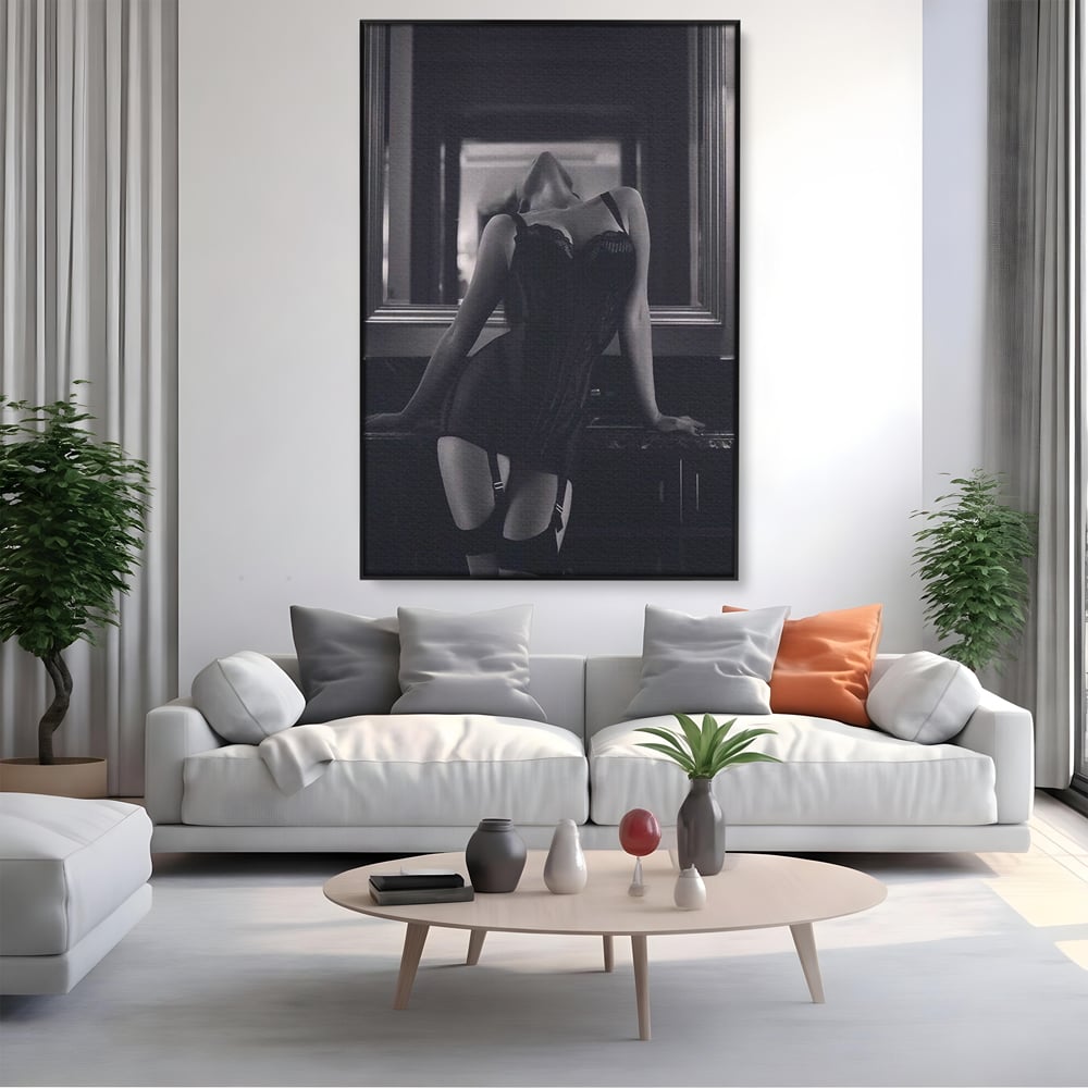 Tablou Canvas Premium, LuxCanva® P1008, Sub Lumina Difuza, Interzis, Sexy, Femeie, Trup, Pasiune, Dorinta, Silueta, Umbre, Negru, Boudoir, Oglinda, Senzual, Living, Dormitor