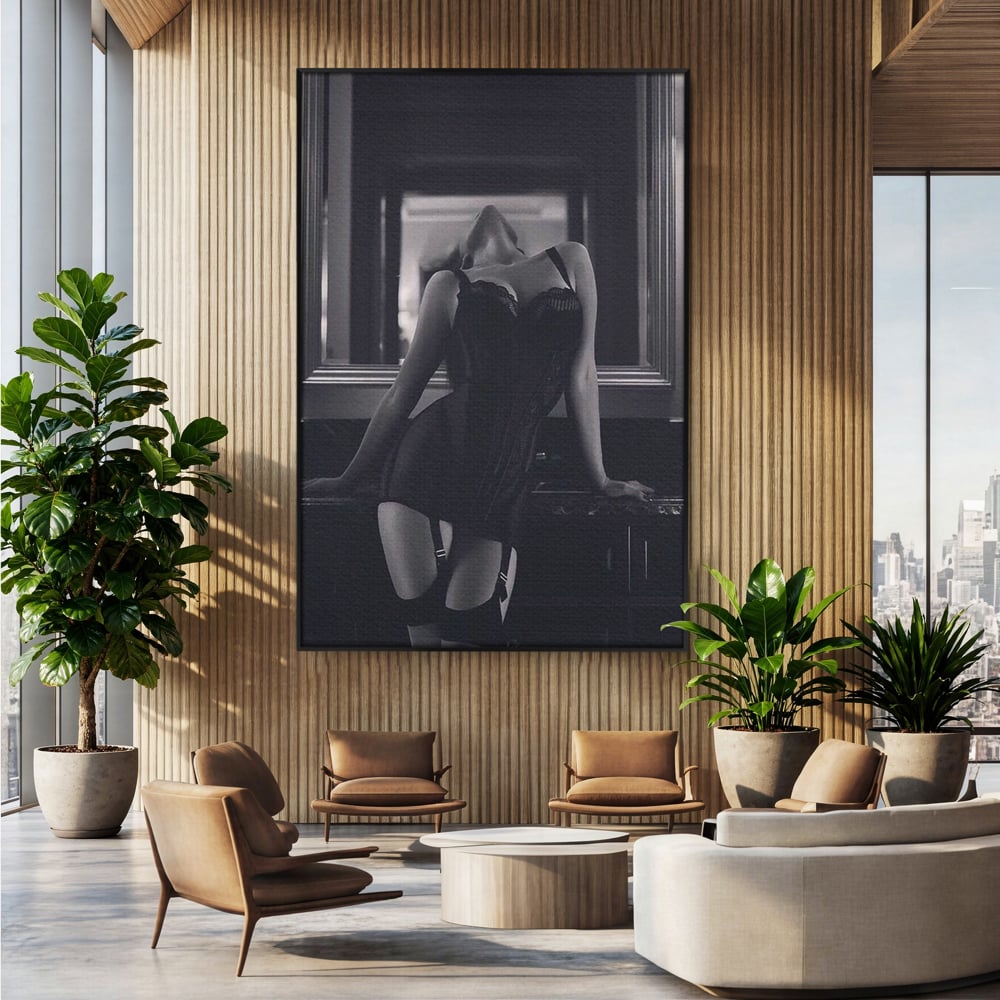 Tablou Canvas Premium, LuxCanva® P1008, Sub Lumina Difuza, Interzis, Sexy, Femeie, Trup, Pasiune, Dorinta, Silueta, Umbre, Negru, Boudoir, Oglinda, Senzual, Living, Dormitor