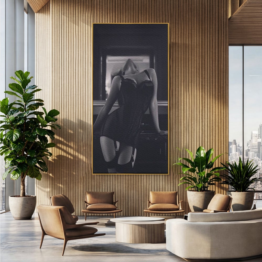 Tablou Canvas Premium, LuxCanva® P1008, Sub Lumina Difuza, Interzis, Sexy, Femeie, Trup, Pasiune, Dorinta, Silueta, Umbre, Negru, Boudoir, Oglinda, Senzual, Living, Dormitor