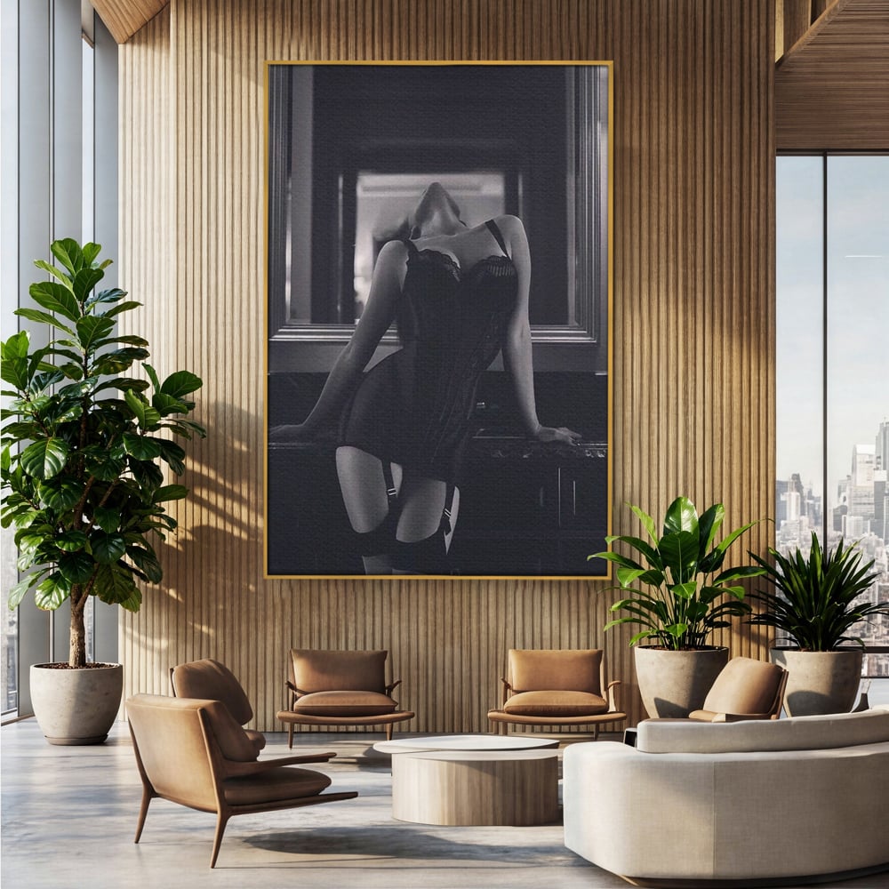 Tablou Canvas Premium, LuxCanva® P1008, Sub Lumina Difuza, Interzis, Sexy, Femeie, Trup, Pasiune, Dorinta, Silueta, Umbre, Negru, Boudoir, Oglinda, Senzual, Living, Dormitor