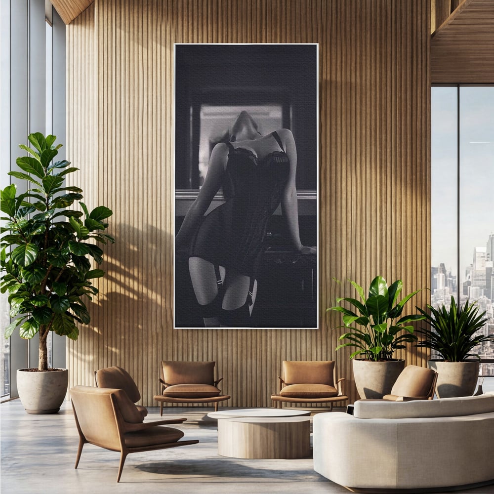 Tablou Canvas Premium, LuxCanva® P1008, Sub Lumina Difuza, Interzis, Sexy, Femeie, Trup, Pasiune, Dorinta, Silueta, Umbre, Negru, Boudoir, Oglinda, Senzual, Living, Dormitor