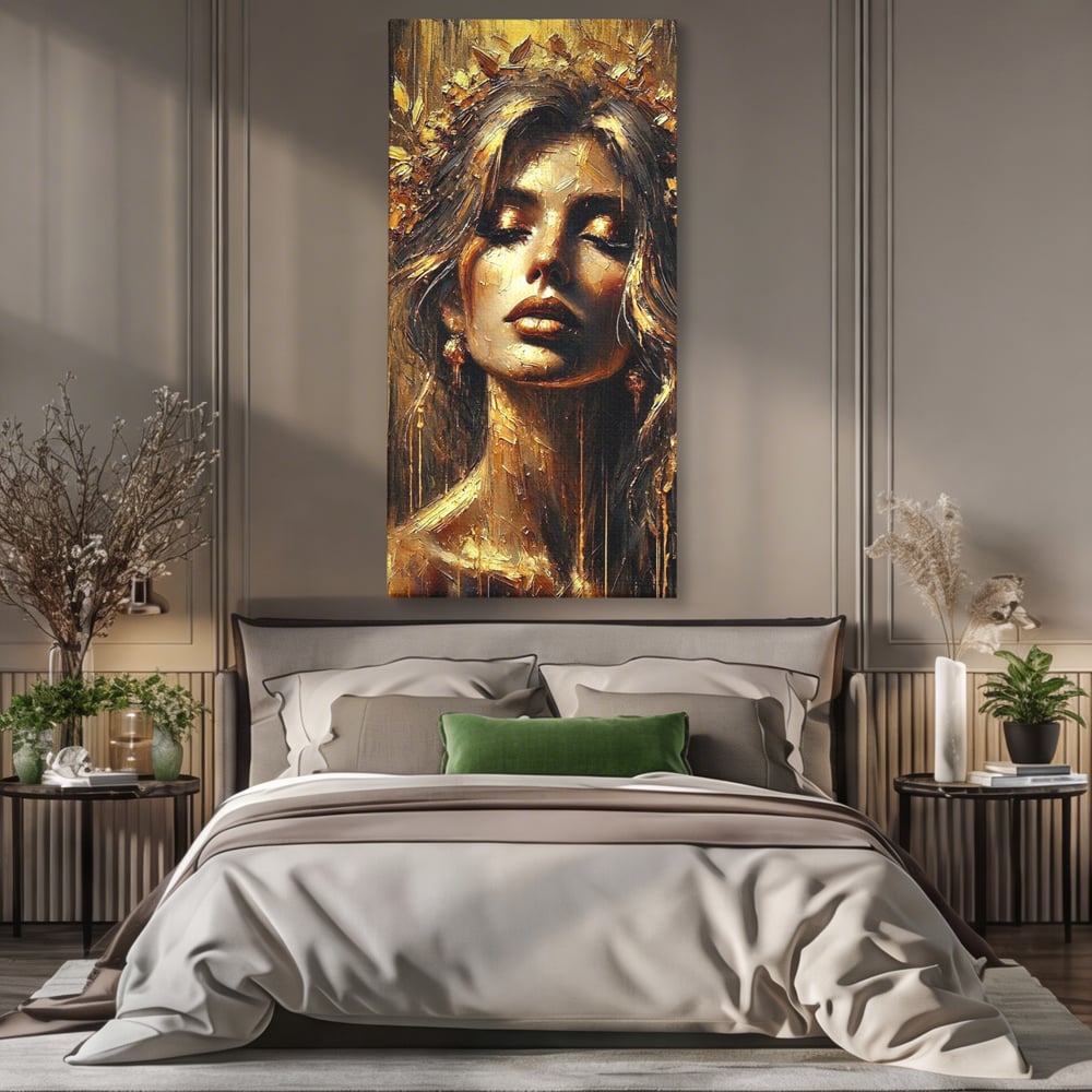 Tablou Canvas Premium, LuxCanva® P1009, Nascuta din Lumina, Zeita, Aur, Coroana, Celesta, Feminitate, Stralucire, Frumusete, Regina, Diva, Soare, Chip, Nemurire, Living, Dormitor