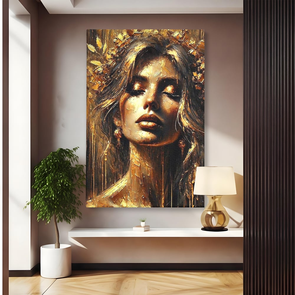 Tablou Canvas Premium, LuxCanva® P1009, Nascuta din Lumina, Zeita, Aur, Coroana, Celesta, Feminitate, Stralucire, Frumusete, Regina, Diva, Soare, Chip, Nemurire, Living, Dormitor