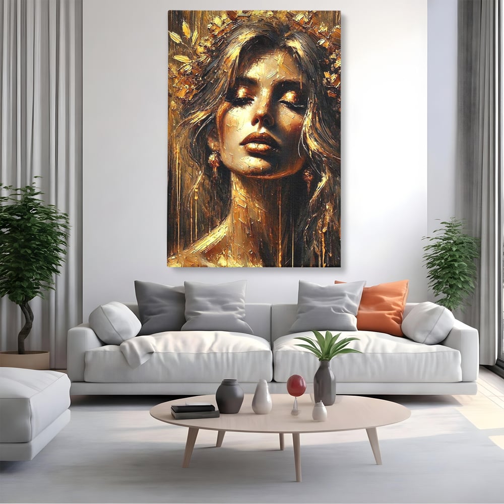 Tablou Canvas Premium, LuxCanva® P1009, Nascuta din Lumina, Zeita, Aur, Coroana, Celesta, Feminitate, Stralucire, Frumusete, Regina, Diva, Soare, Chip, Nemurire, Living, Dormitor