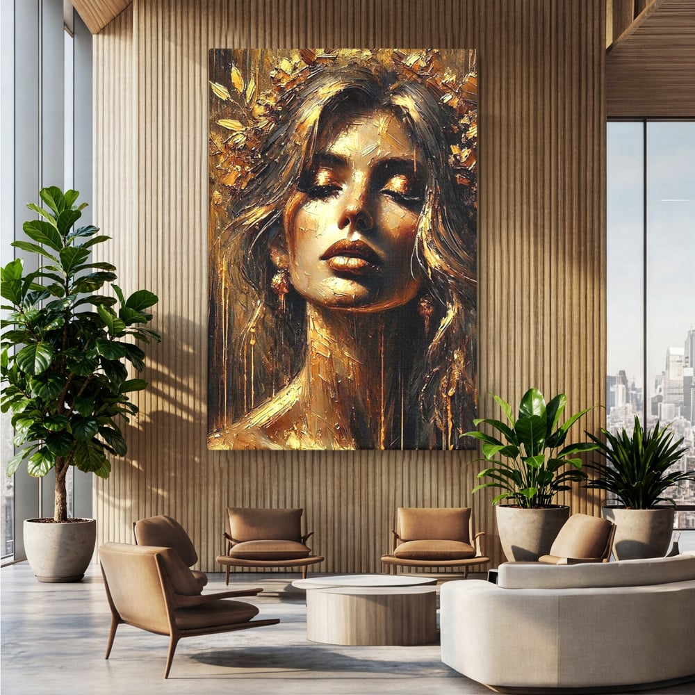Tablou Canvas Premium, LuxCanva® P1009, Nascuta din Lumina, Zeita, Aur, Coroana, Celesta, Feminitate, Stralucire, Frumusete, Regina, Diva, Soare, Chip, Nemurire, Living, Dormitor