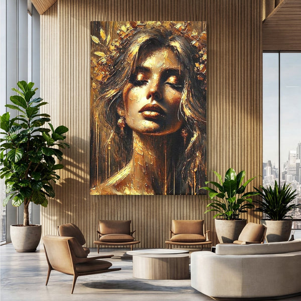Tablou Canvas Premium, LuxCanva® P1009, Nascuta din Lumina, Zeita, Aur, Coroana, Celesta, Feminitate, Stralucire, Frumusete, Regina, Diva, Soare, Chip, Nemurire, Living, Dormitor